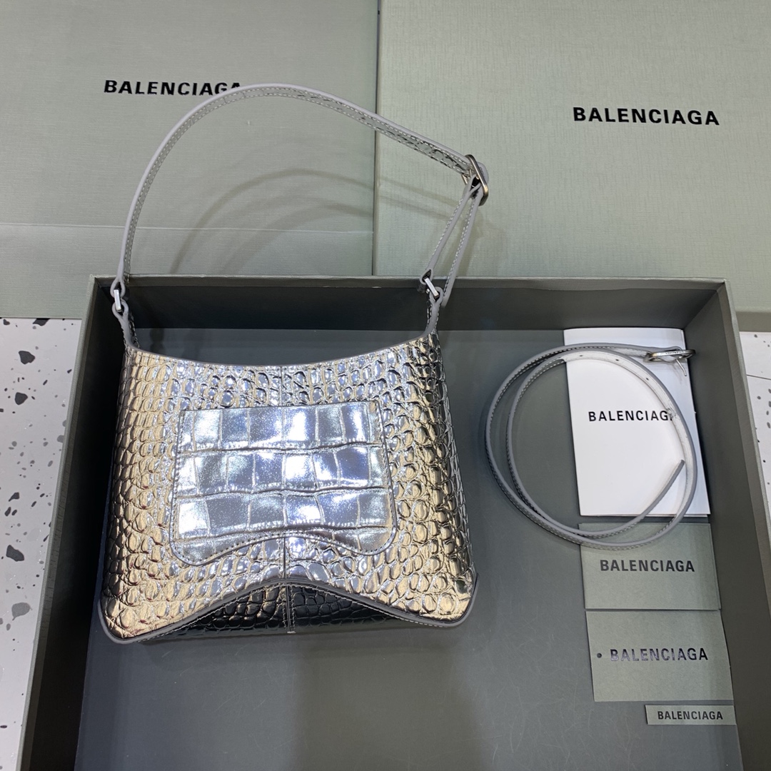 Balenciaga XX Small Hobo Flap Bag Crocodile Embossed Silver